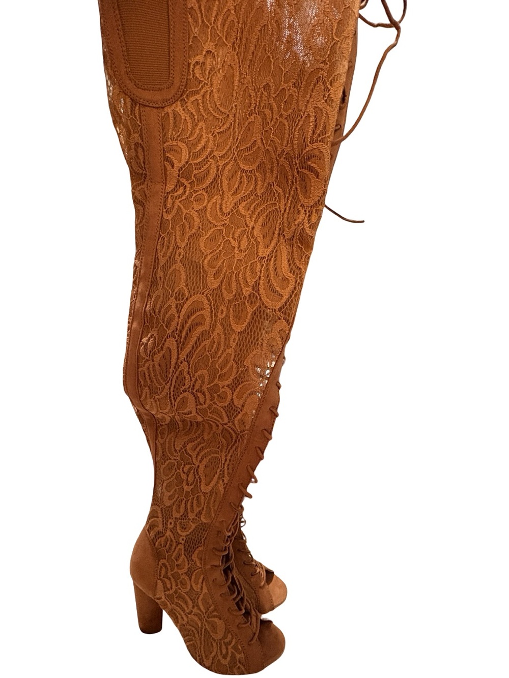 Bamboo Brown Lace Over The Knee Peep Toe Lace-Up Boots NWOT Size 8 - Picture 3 of 8